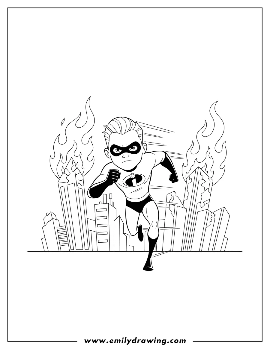 Free printable coloring sheet of dash, in his superhero suit and mask, running with a determined expression through a burning city