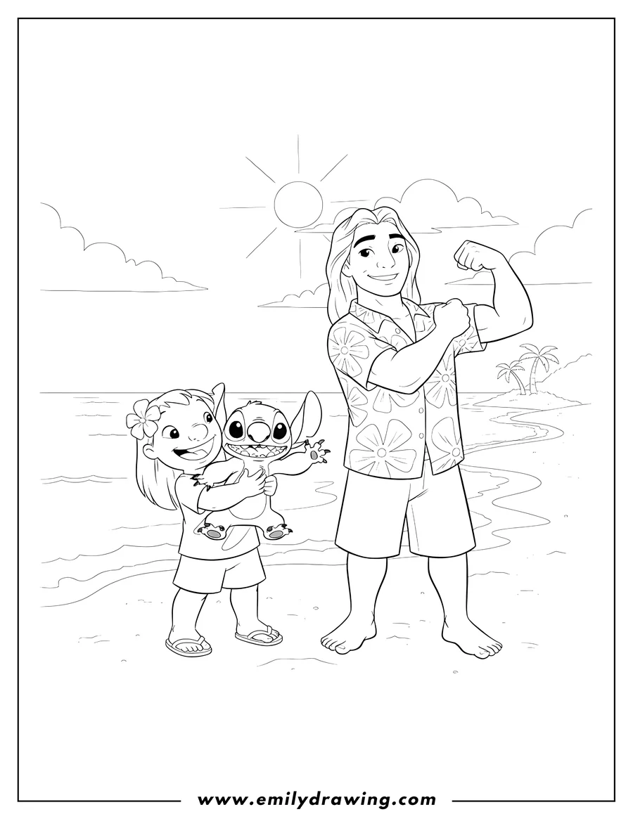 Simple sketch of lilo And Stitch David Kawena standing by the sea, smiling, wearing a t-shirt and shorts to color