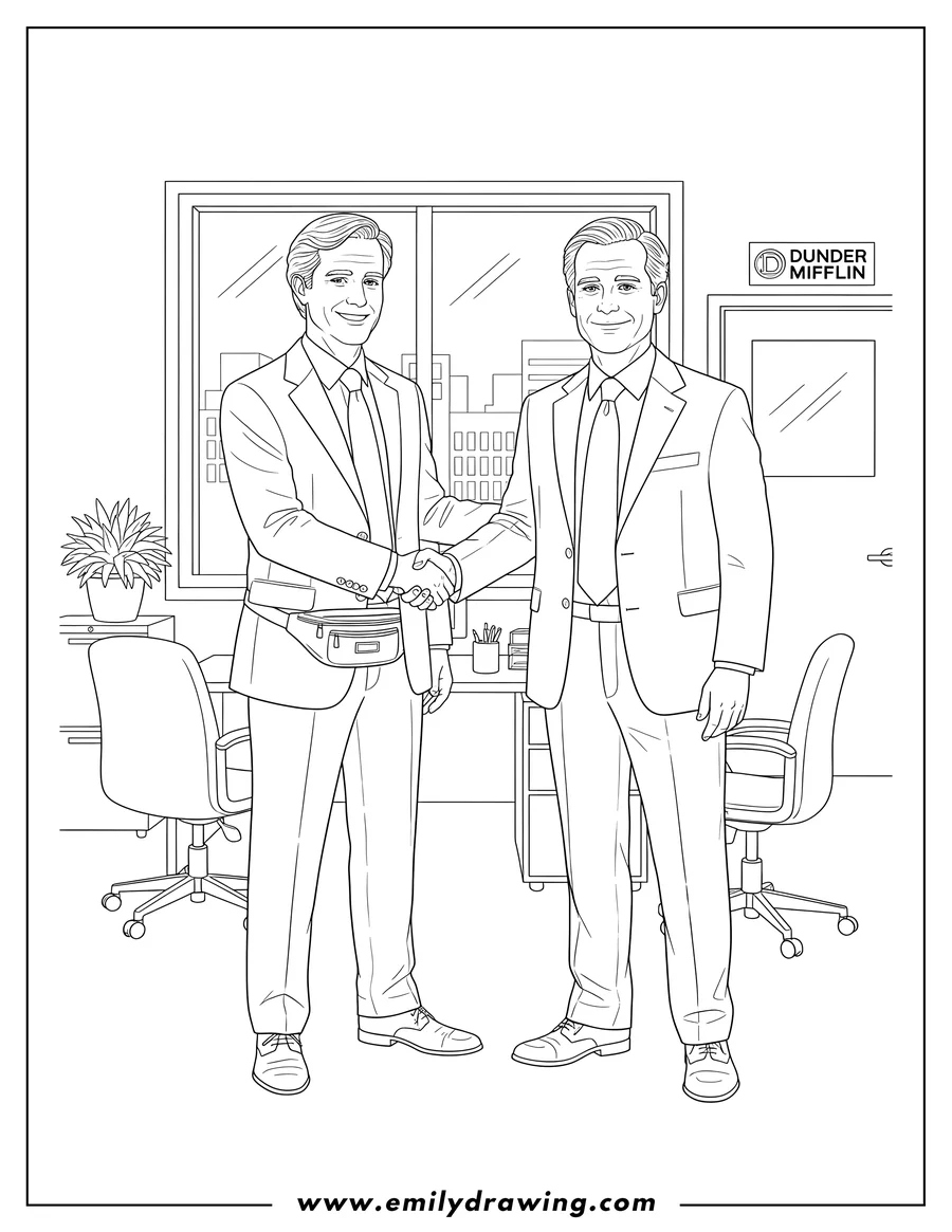 Outline drawing of smiling Davide Wallace and Michael Scott with a fanny pack shaking hands in the Dunder Mifflin Office