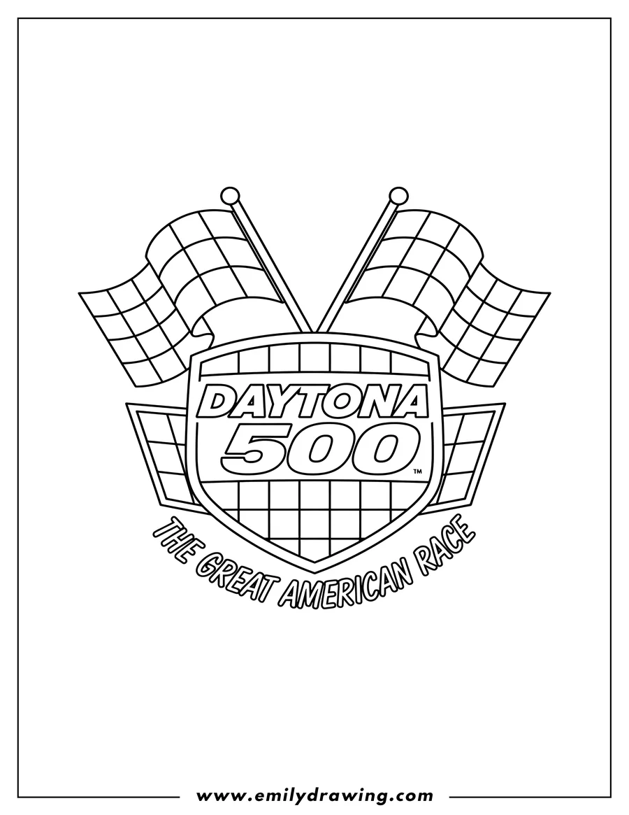 Simple sketch of daytona 500 Logo in a shield emblem with a checkered flag and The Great American Race text to color