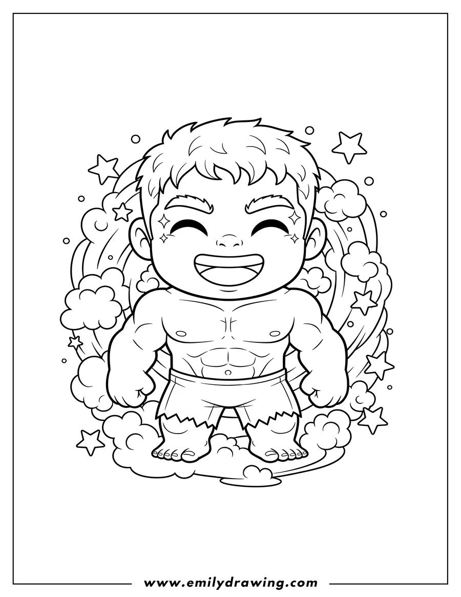 Printable line art of dazzled Chibi Hulk smiling in ripped shorts, surrounded by stars and clouds