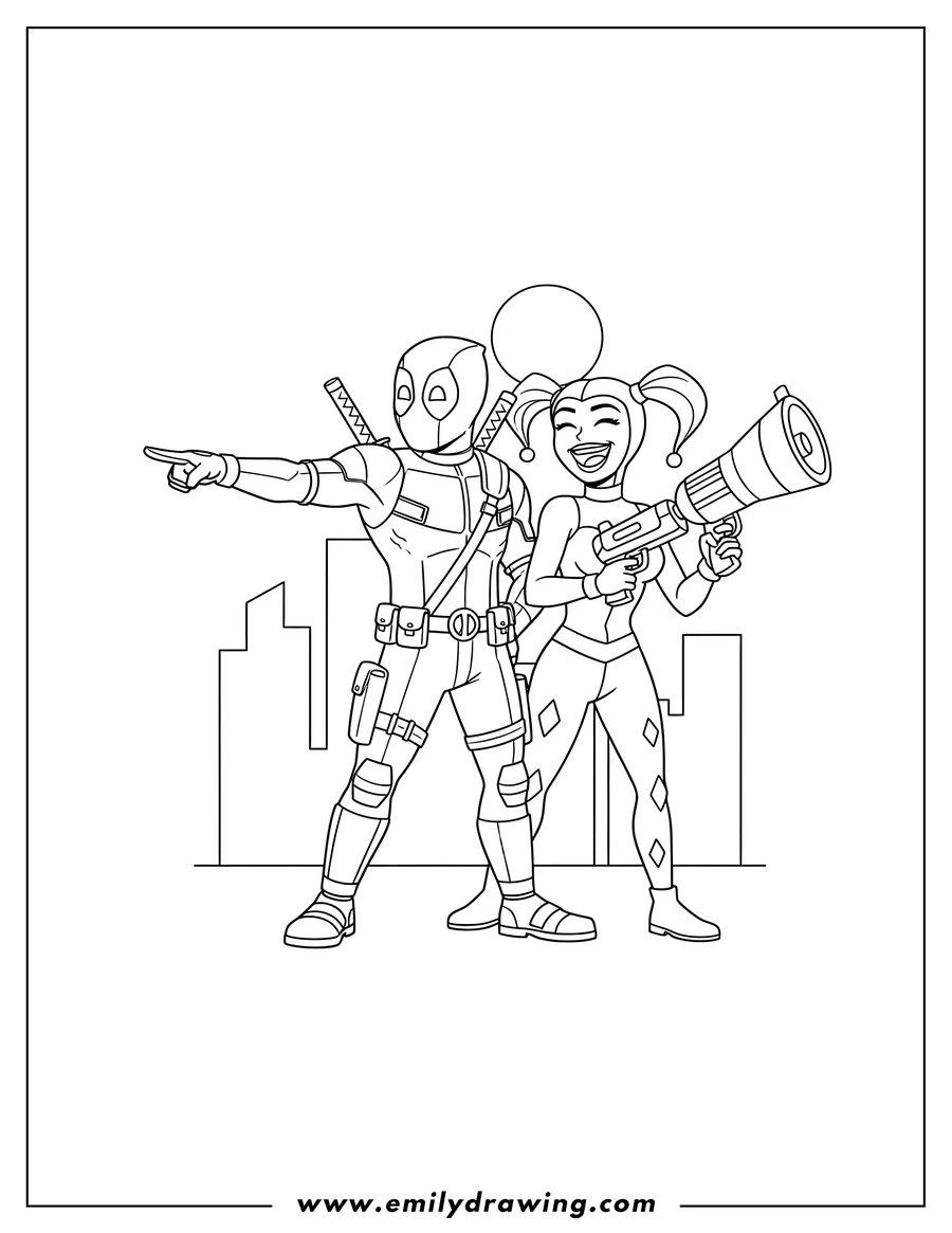 High quality printable deadpool And Harley Quinn To Color, with Deadpool pointing and Harley Quinn laughing while holding a gun for coloring
