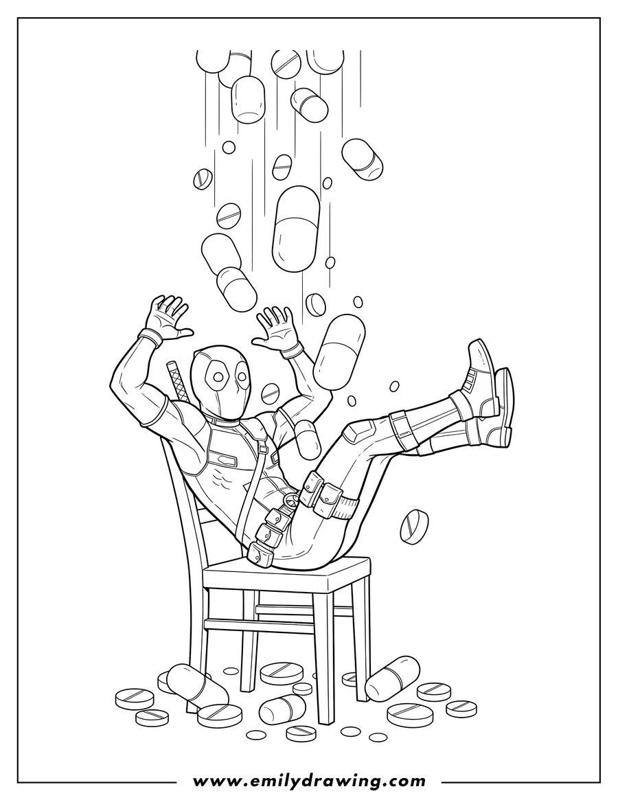 PDF style coloring page: deadpool Making Funny Pose, leaning back over a chair as pills fall on him