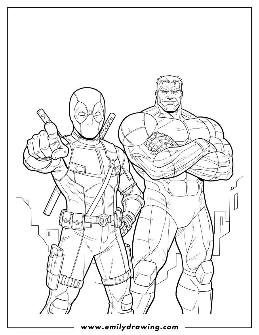 Simple sketch of deadpool pointing and Colossus with arms crossed To Color to color