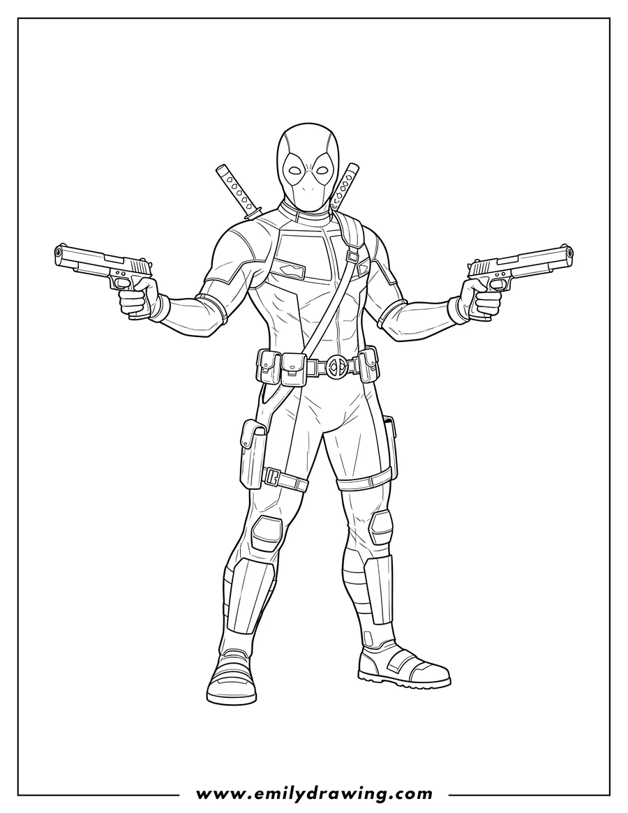 Downloadable coloring page of deadpool Superhero standing and holding two guns