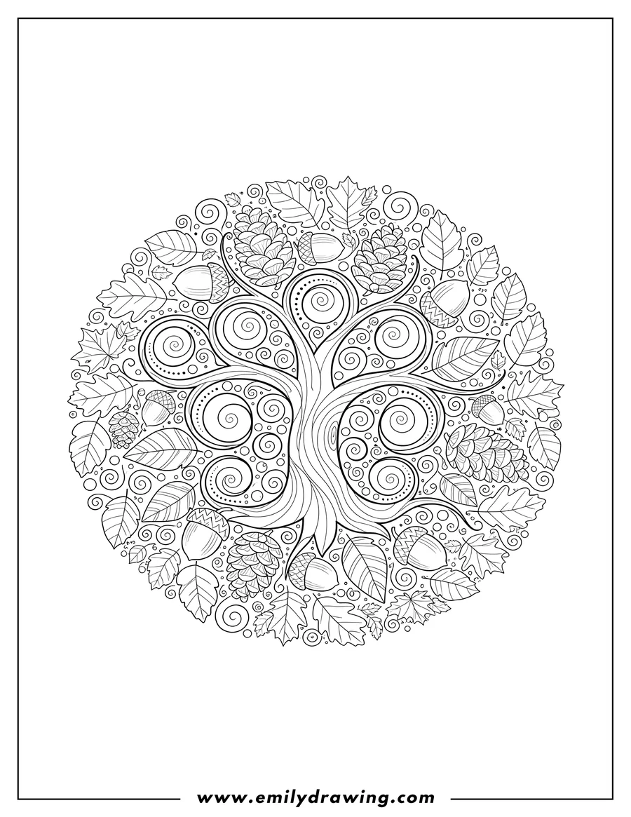 Vector style outline of decorative Autumn Mandala With Forest Elements And Foliage, featuring acorns and pinecones