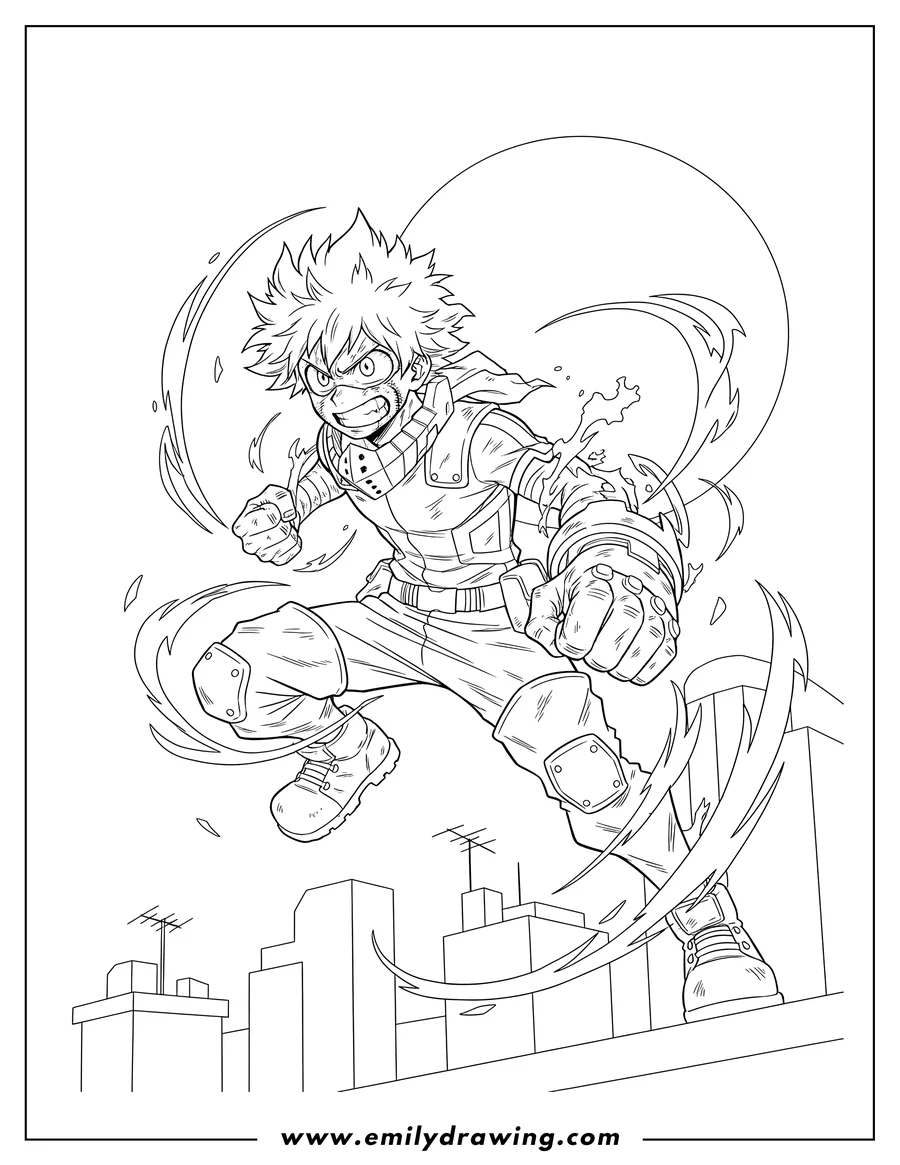Full page coloring image of deku injured and angry, lunging aggressively on a rooftop