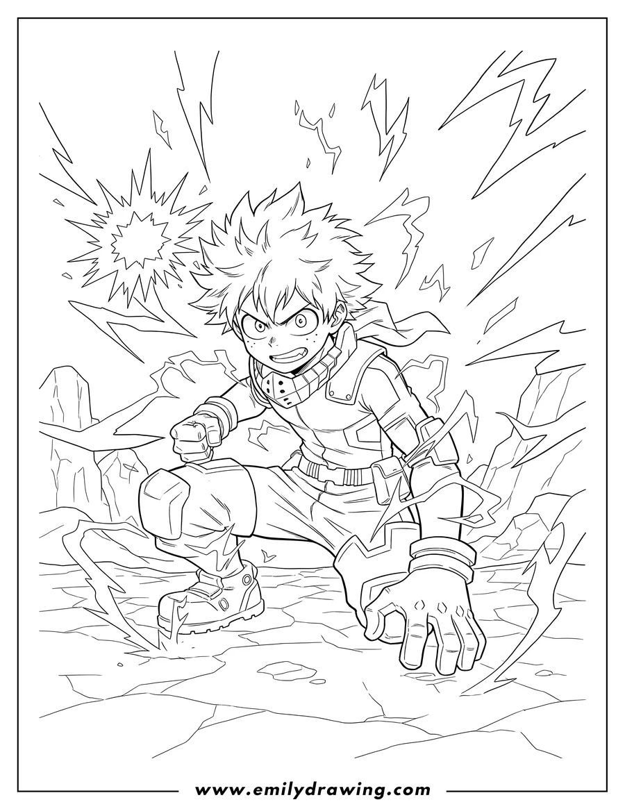 Free to print drawing of deku Power Up Battle, crouching and emitting energy
