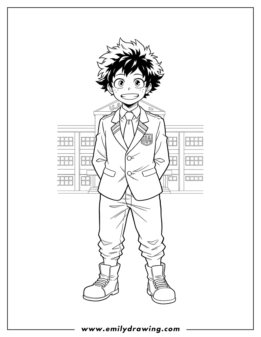 PDF style coloring page: deku Izuku Midoriya My Hero Academia, standing and smiling in his U.A. school uniform