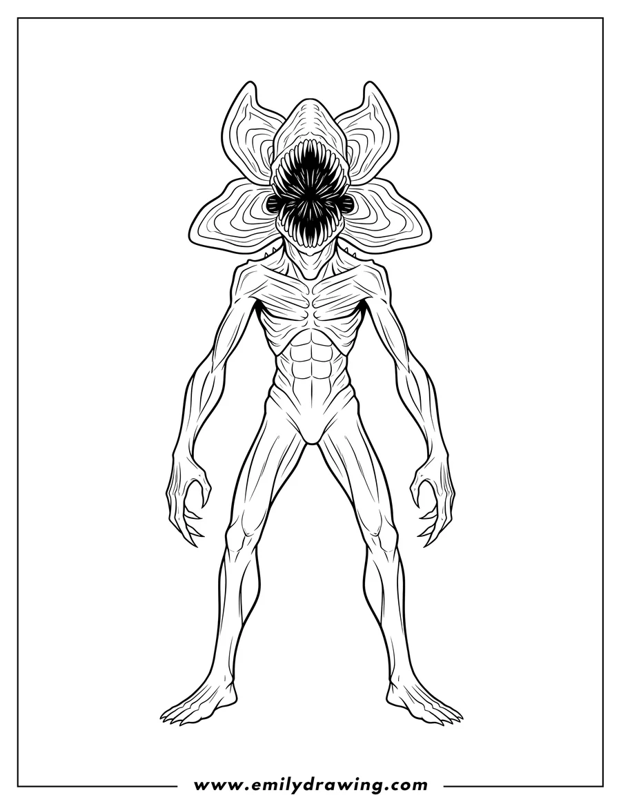 Linear illustration of demogorgon Monster From Stranger Things standing with its petal head open To Color Scaled