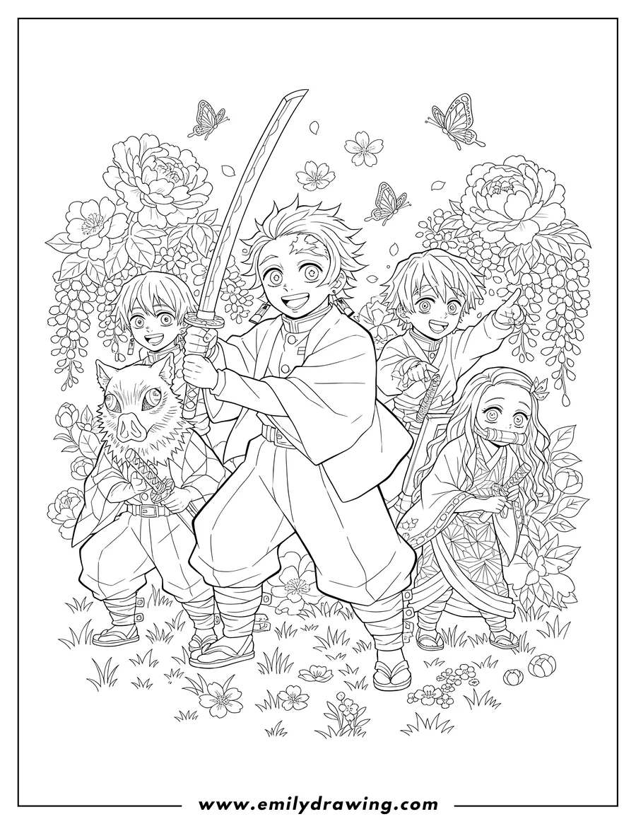 Simple sketch of demon Slayer Flower Happiness with Zenitsu pointing, Tanjiro holding his sword, and friends smiling to color