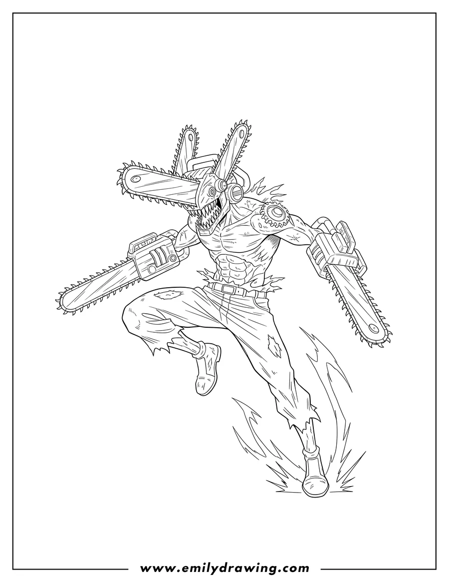 Coloring page of denji Chainsaw Man Form, lunging with chainsaws on his head and arms