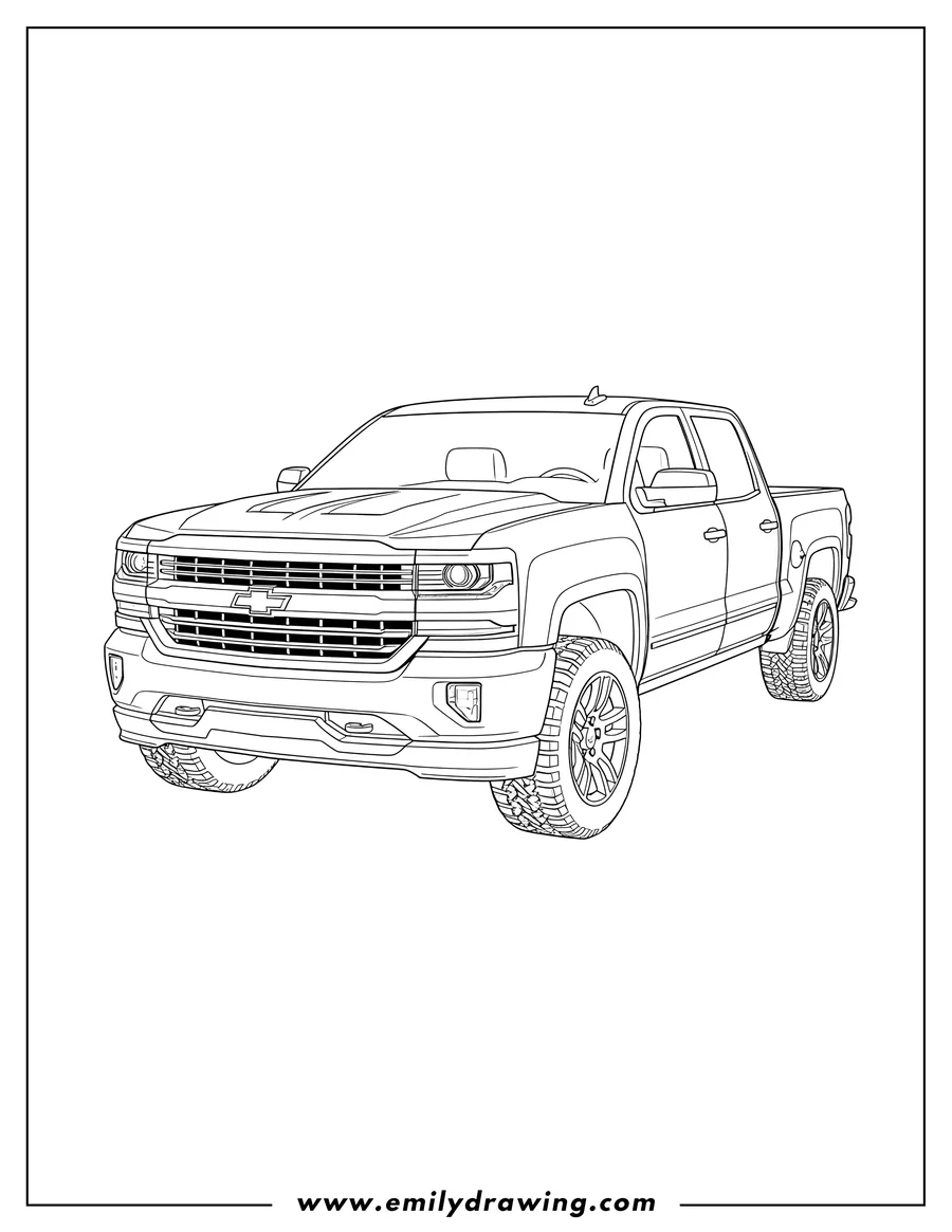 Coloring sheet featuring detailed 2018 Chevrolet Silverado Crew Cab Pickup Truck, front-side view