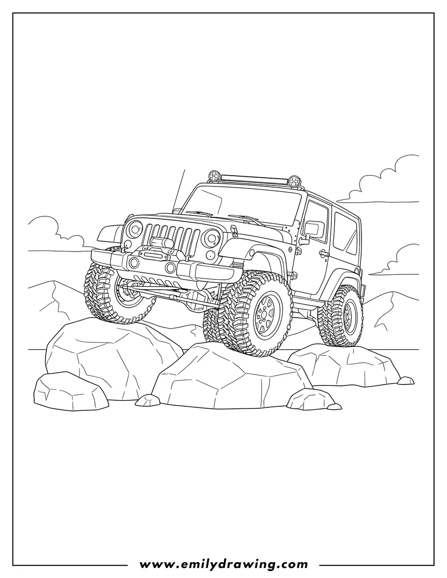High quality printable detailed 4-door Jeep Wrangler climbing over rocks for coloring
