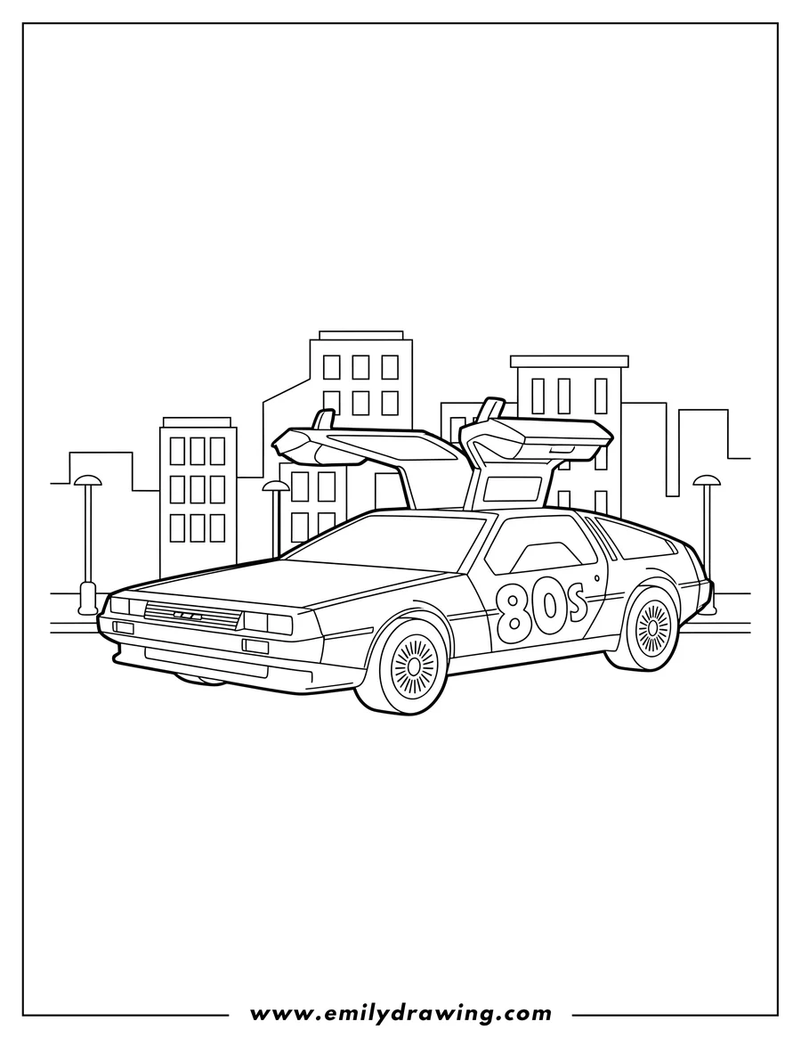 Full page coloring image of 80s DeLorean sports car driving in a city