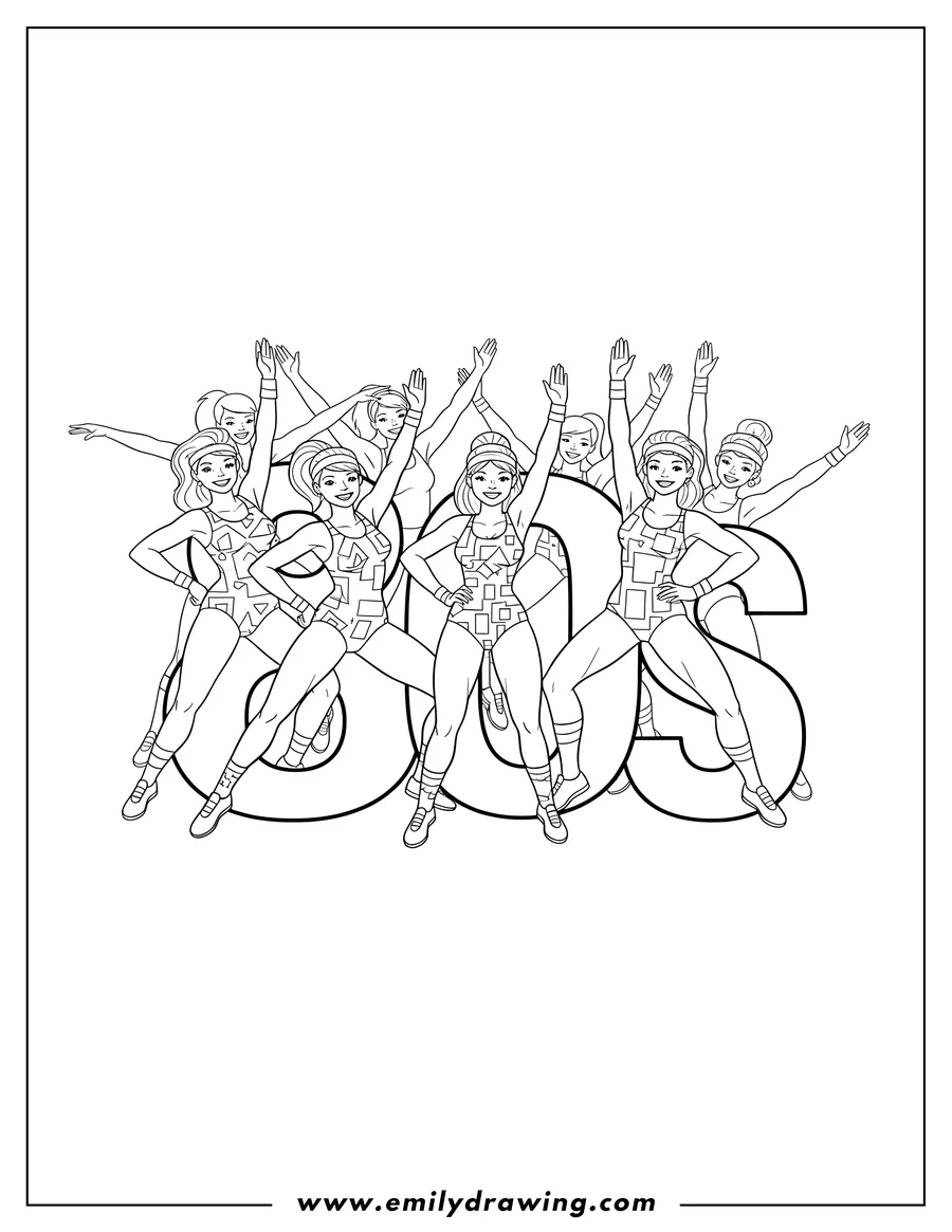 High quality printable 80S Group Aerobics Session With Classic 80S Fitness Fashion, women striking energetic poses for coloring