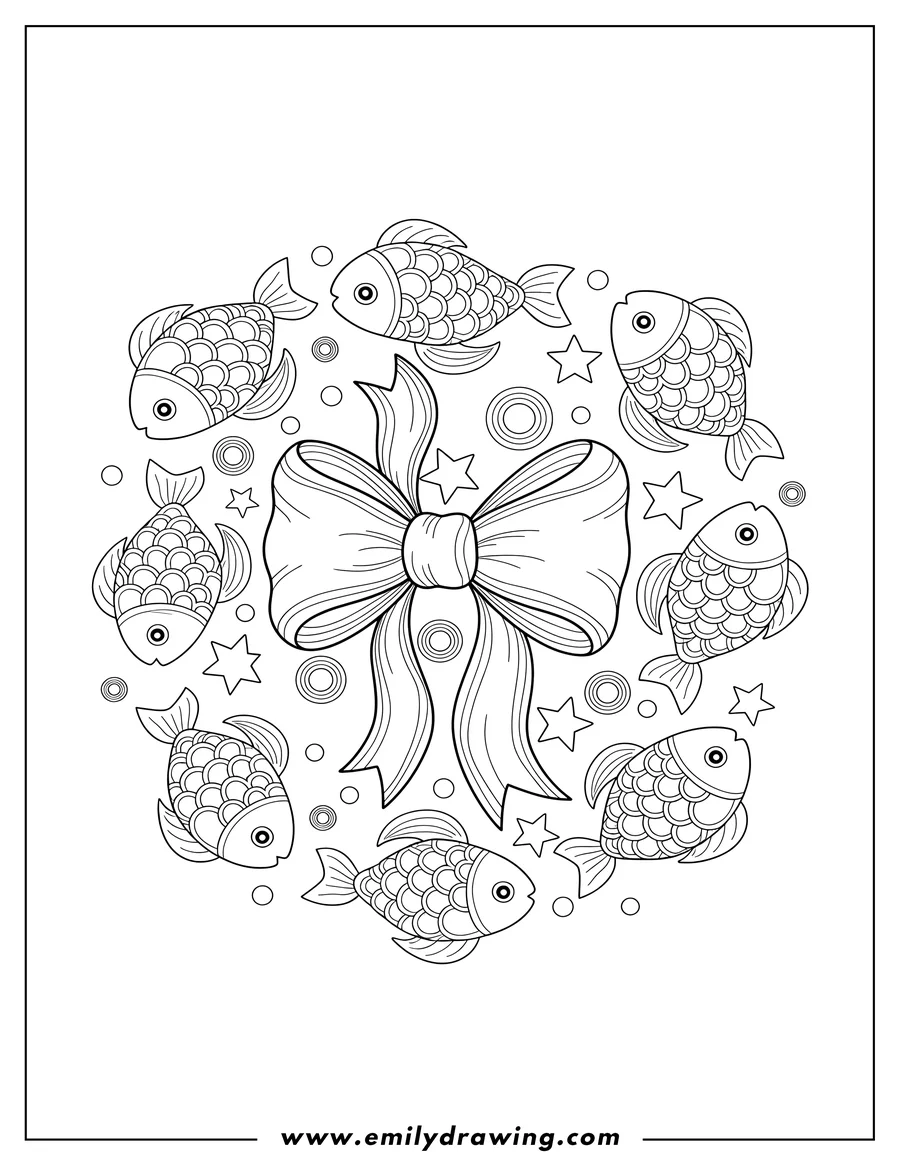 Free printable coloring sheet of 9 Scaled, a decorative bow surrounded by stars and circles