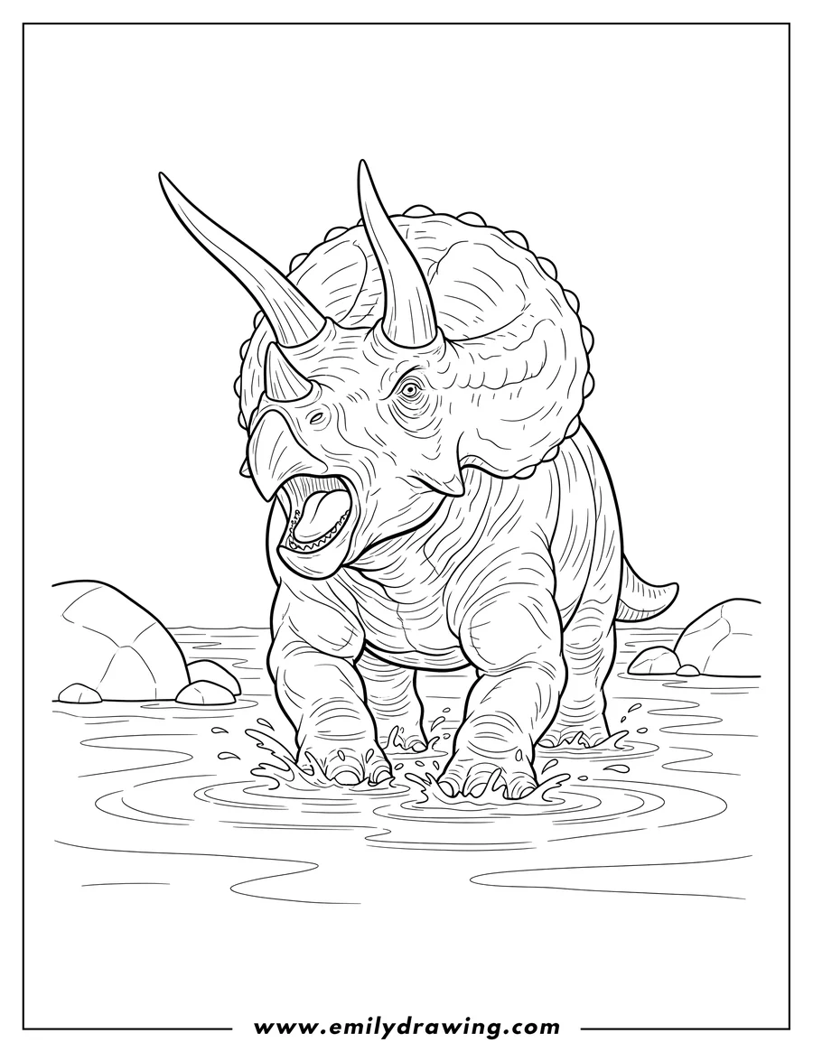 Printable line art of adult Triceratops walking into water, with an open mouth