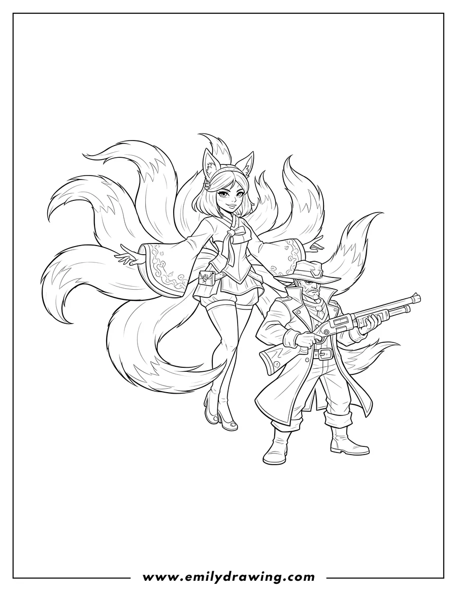 Free printable coloring sheet of league Legends Ahri with flowing tails and Grave holding his shotgun