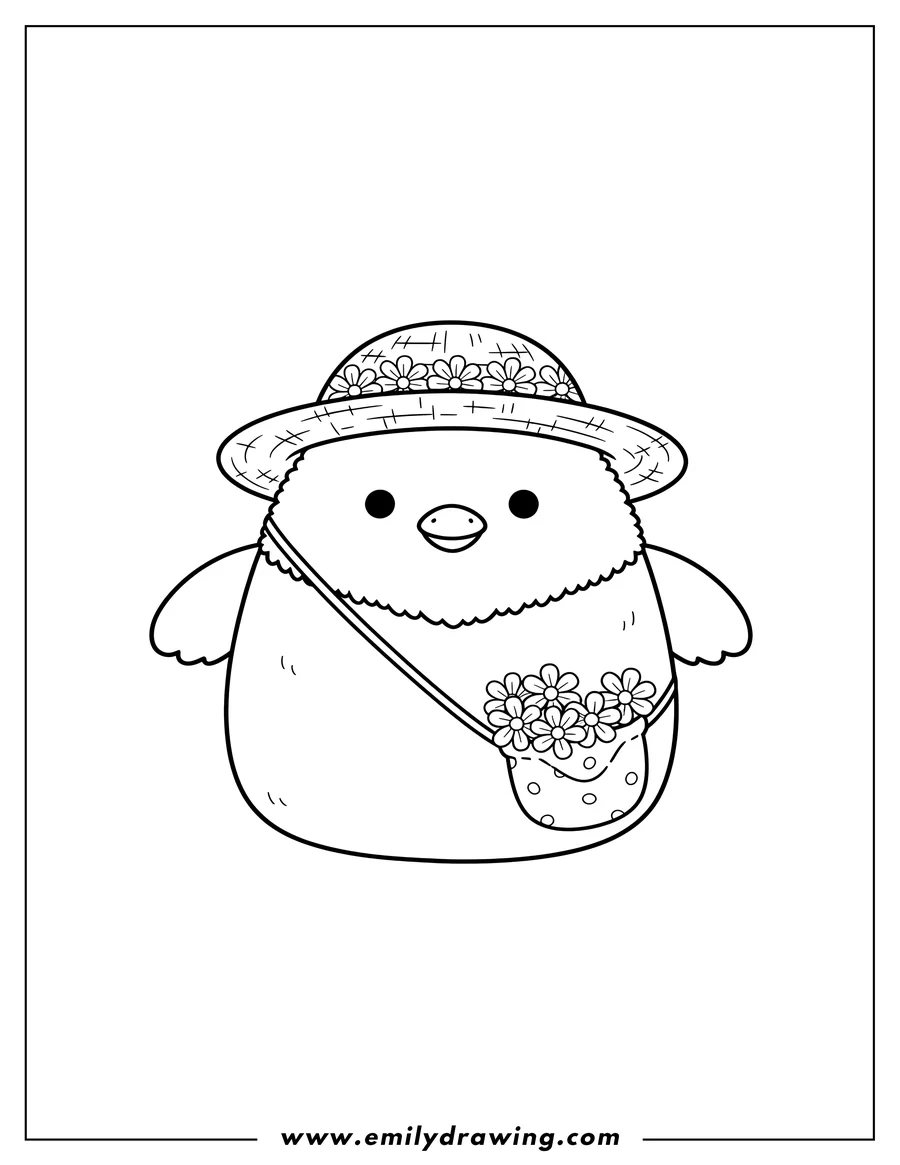 Printable coloring page of aimee Easter Chick Squishmallow wearing a hat and carrying a flower pouch