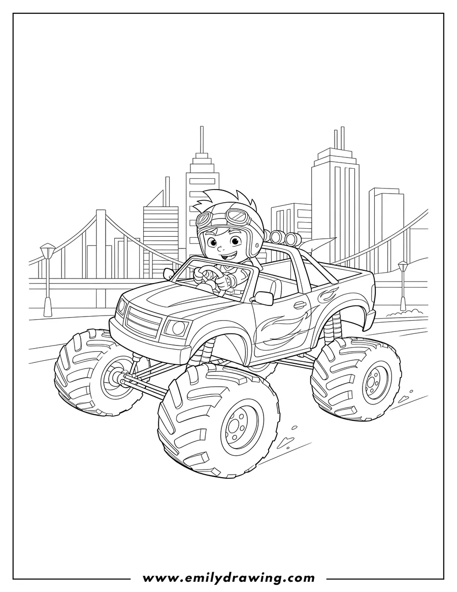 Clean line drawing: aj driving Blaze the monster truck in the city, holding the steering wheel