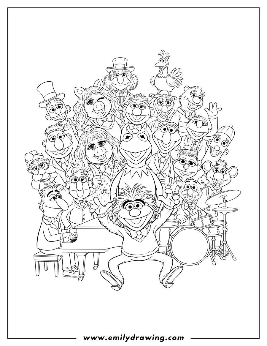 Full page coloring image of all Muppets Characters smiling together in a big group