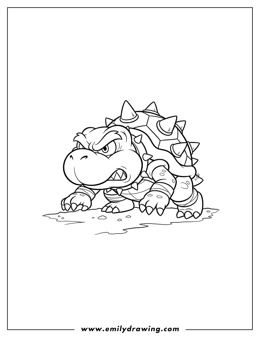 Coloring sheet featuring angry Koopa Troopa crawling forward