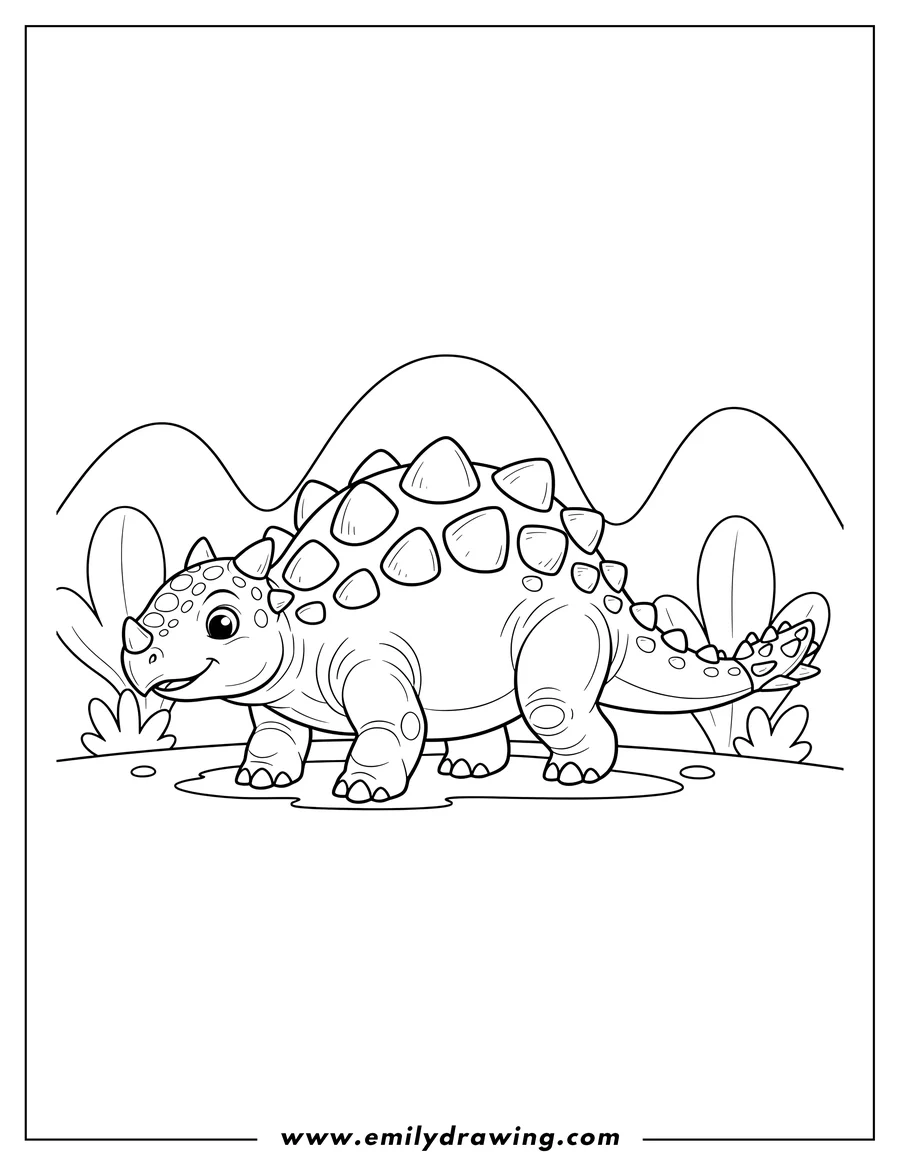 Printable line art of detailed Ankylosaurus walking with armored plates