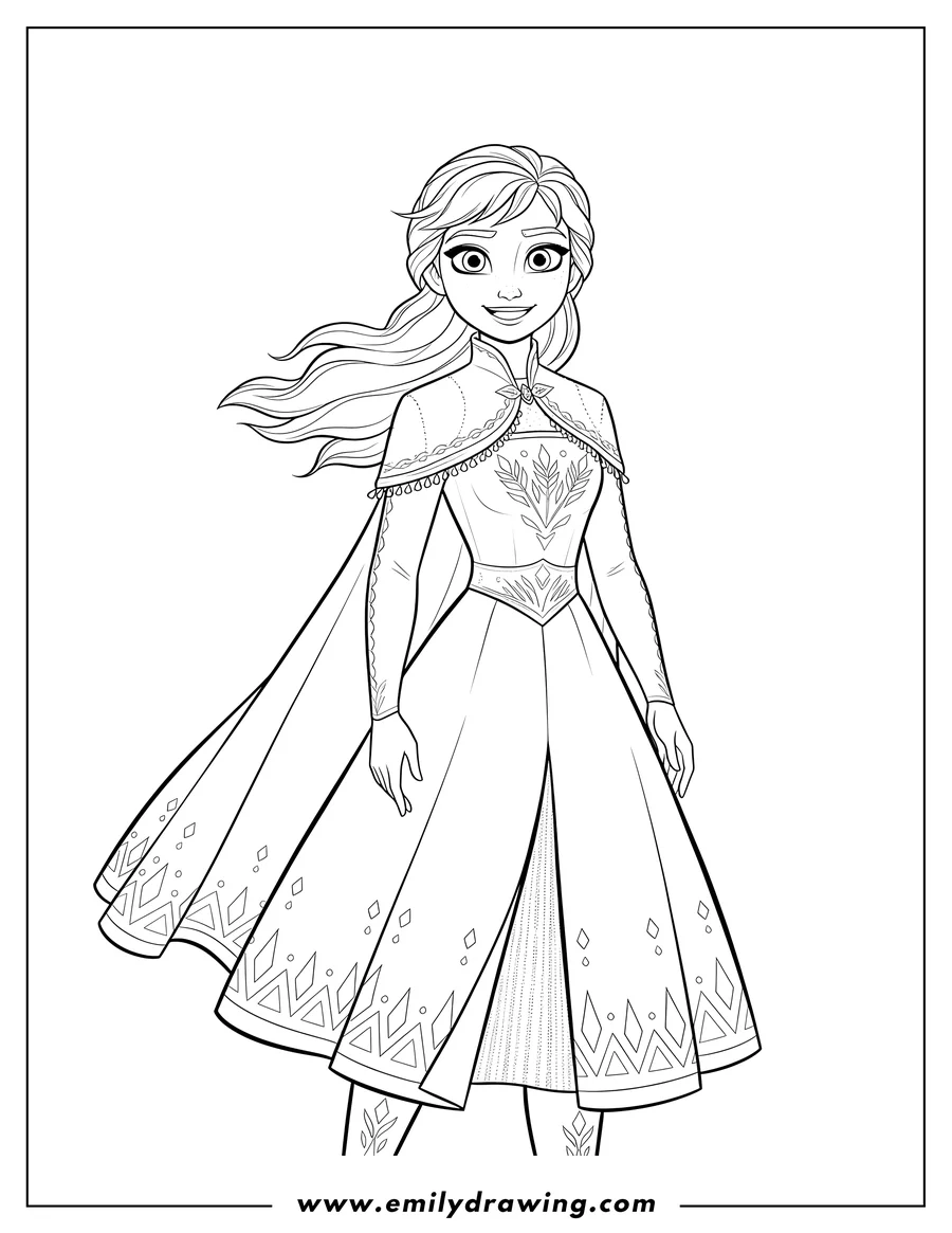 Downloadable coloring page of anna Disney V2, wearing her winter dress, with braided hair, smiling