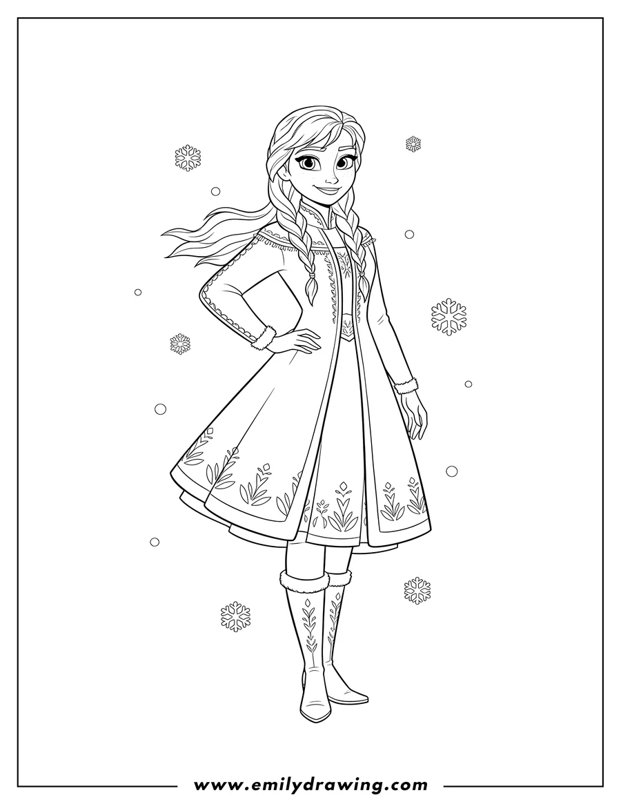 Outline drawing of detailed Anna Winter, smiling, with braided hair and hand on hip