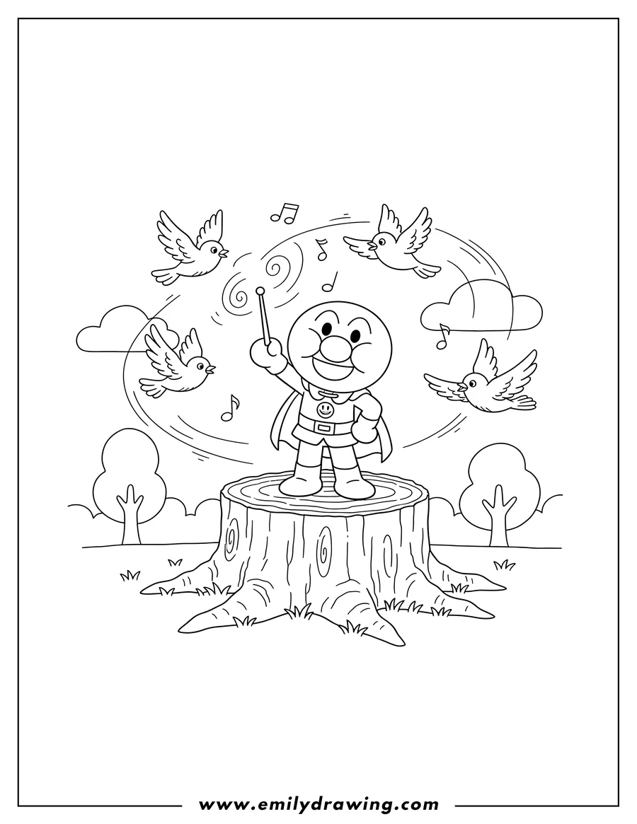 Linear illustration of anpanman on a tree stump conducting flying birds with a stick