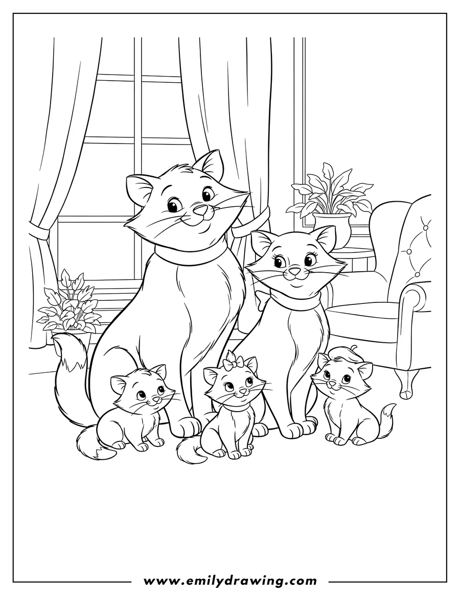 Printable line art of aristocats Thomas and Duchess with kittens Berlioz, Marie, and Toulouse sitting together