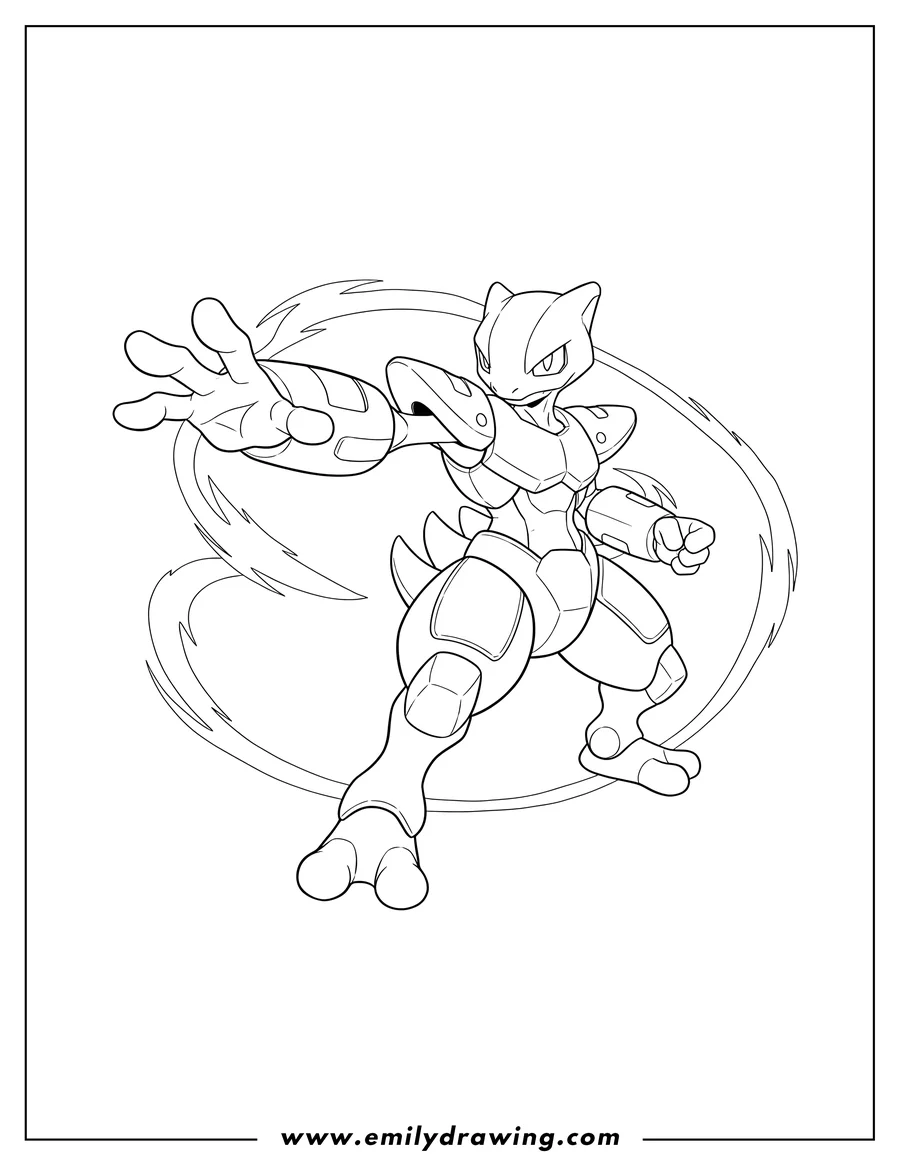 Printable coloring page of armored Mewtwo in an action pose, with its arm extended forward