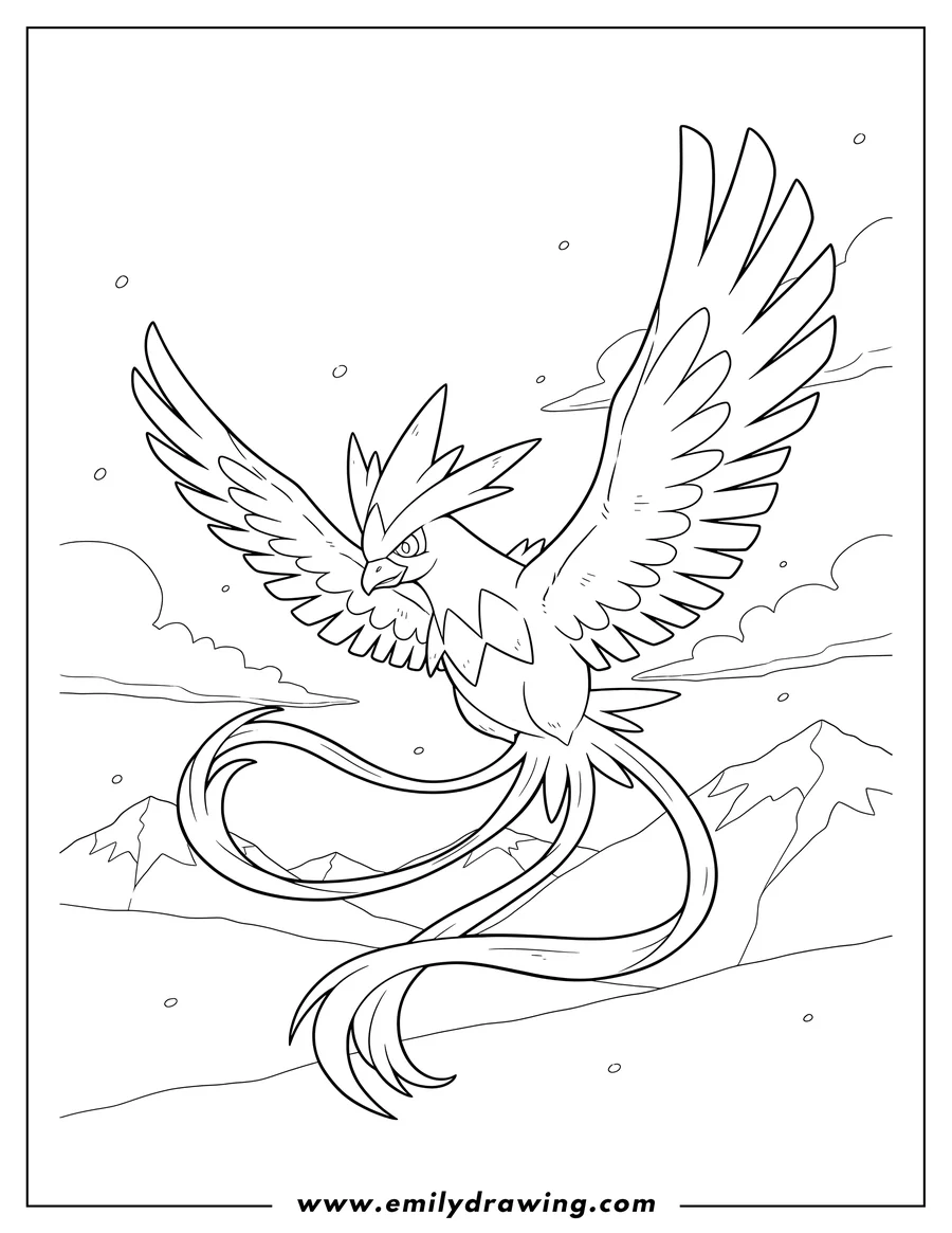 Simple sketch of articuno Pokemon Species flying with spread wings to color