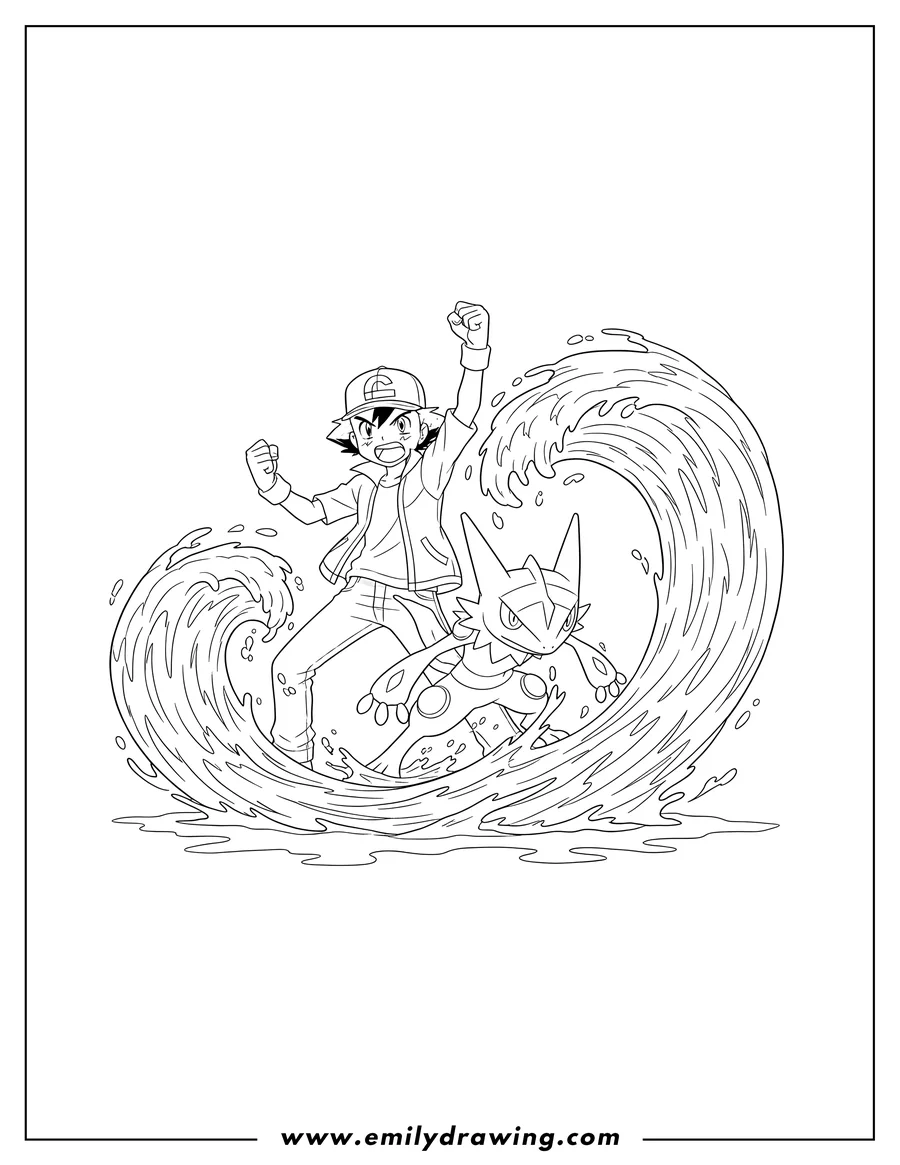 PDF style coloring page: ash summoning Greninja, with Ash shouting and clenching fists, and powerful water surging around them