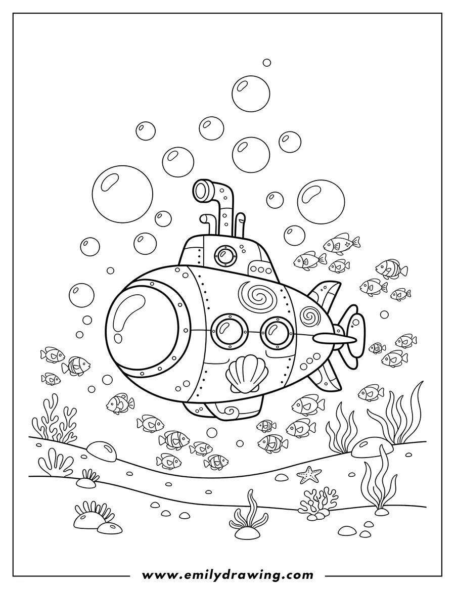 Doodle style coloring picture of atlantis Submarine Above Sea Floor, surrounded by bubbles and small fish