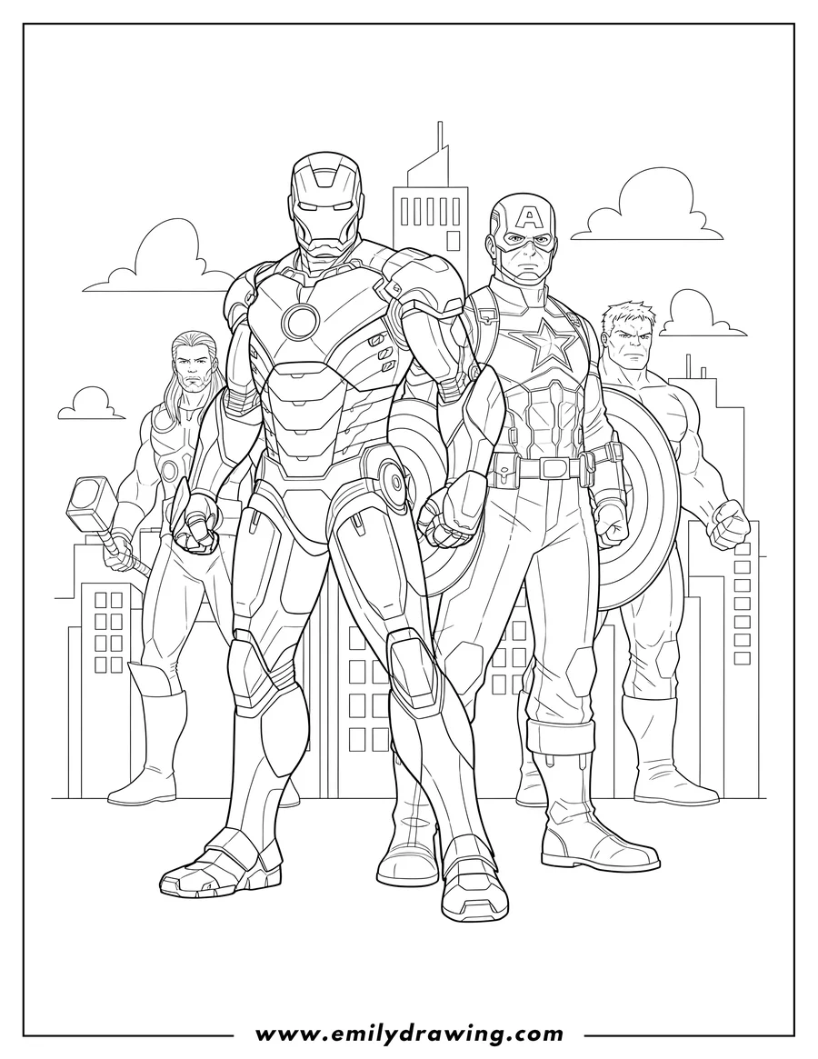 Coloring sheet featuring detailed Avengers featuring Iron Man and Captain America