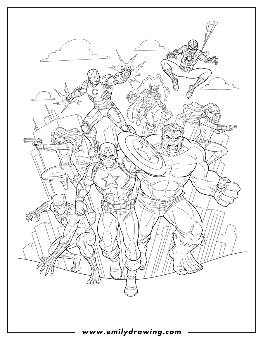 PDF style coloring page: avengers Team To Color, Captain America running with shield, Hulk roaring, and other heroes in action