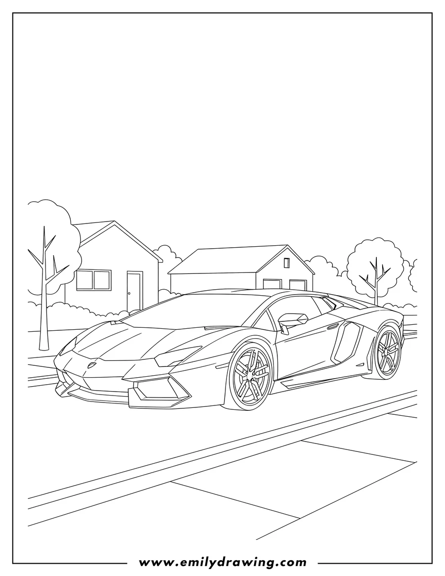 PDF style coloring page: detailed Lamborghini Aventador Scaled, three-quarter front view, parked on a street