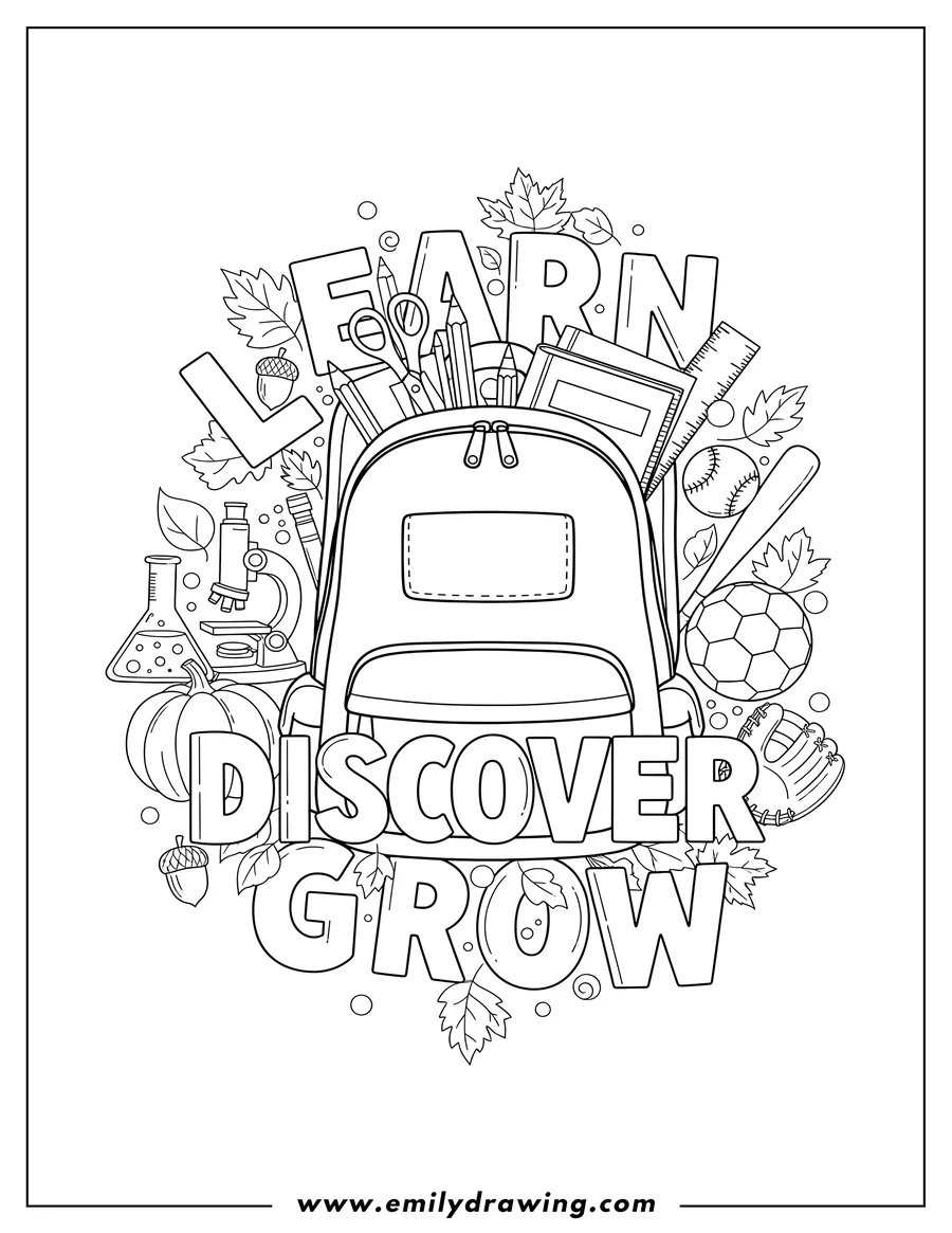 Free to print drawing of back To School Words With Fall Leaves, Lab Equipment, a Backpack, School Supplies, and Sports Equipment