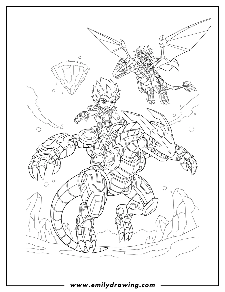 Doodle style coloring picture of detailed Bakugan Poster featuring a leaping Bakugan with a rider, and a flying Bakugan with a rider