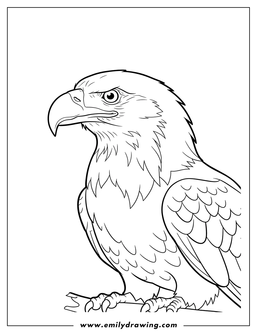 Coloring page of A detailed Bald Eagle Adult, head and upper body, looking left