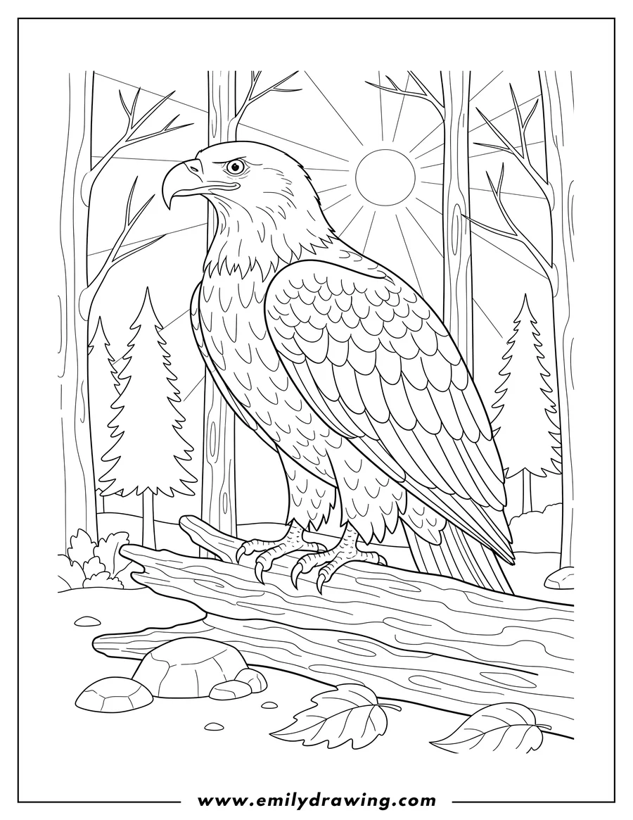 Vector style outline of detailed Bald Eagle perched on a log resting in a forest