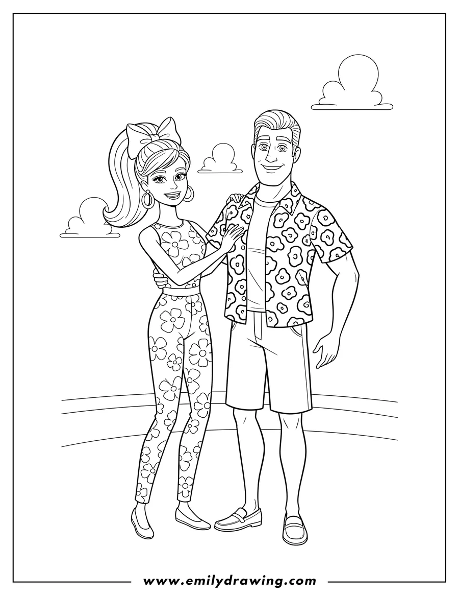 Free to print drawing of barbie and Ken from Toy Story, with Barbie touching Ken's arm and Ken wearing a leopard print shirt