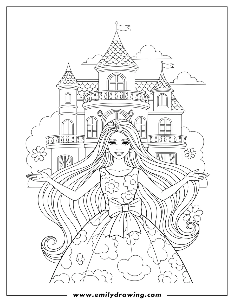 Coloring sheet featuring barbie smiling with long hair at Dream House Mansion