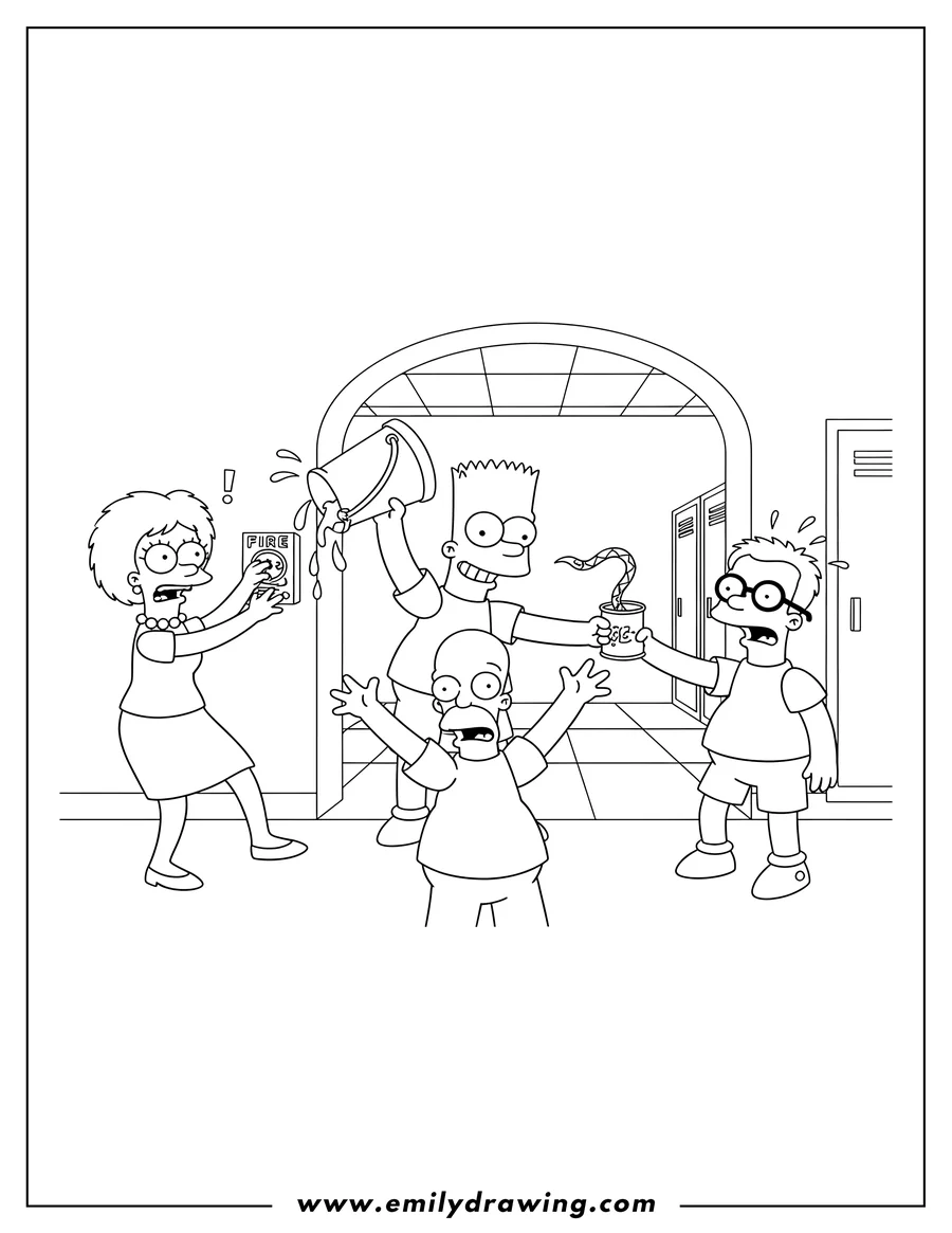 Coloring page of bart Simpson pranking Principal Skinner with a water bucket, Edna Krabappel with a fire alarm, and Martin Prince with a snake-in-a-can