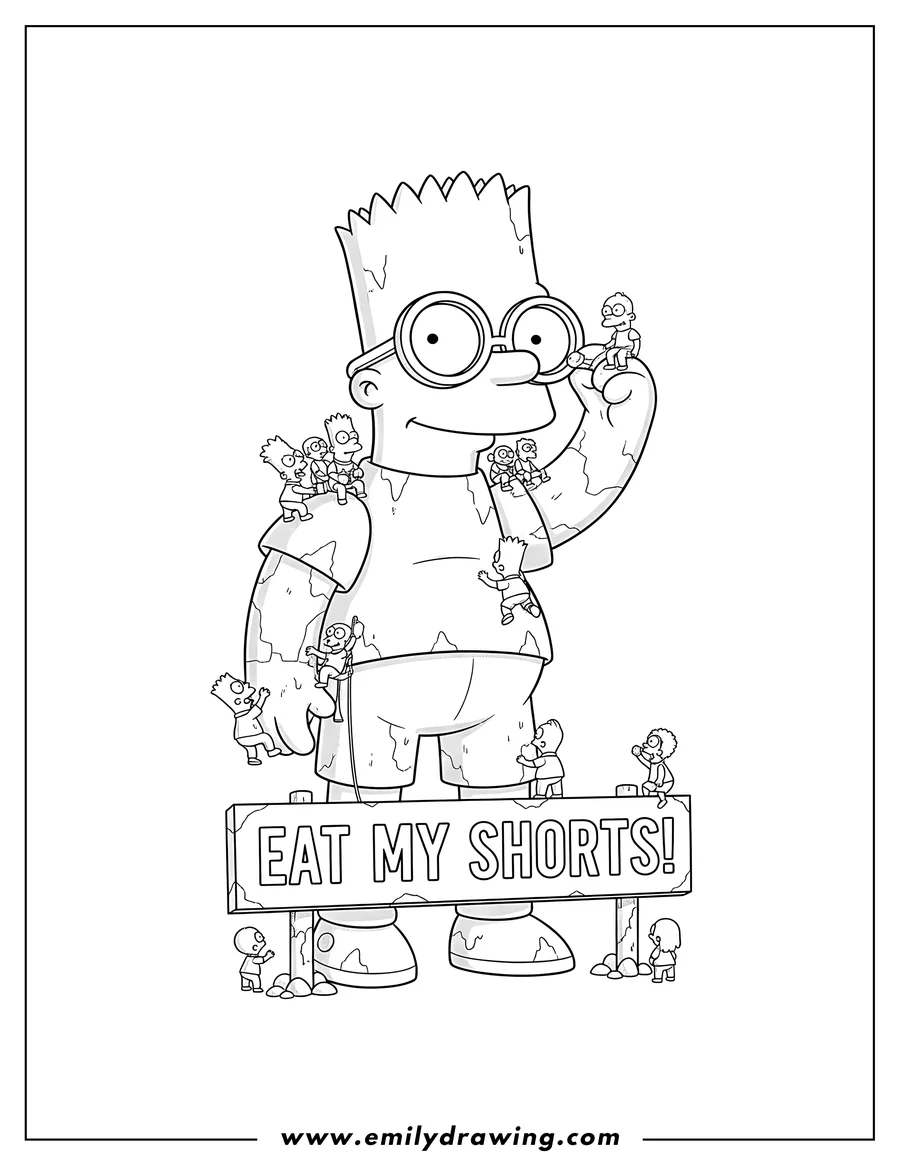 Printable line art of detailed Bart Simpson Giant Statue wearing glasses, with tiny characters climbing on him and a sign saying EAT MY SHORTS!