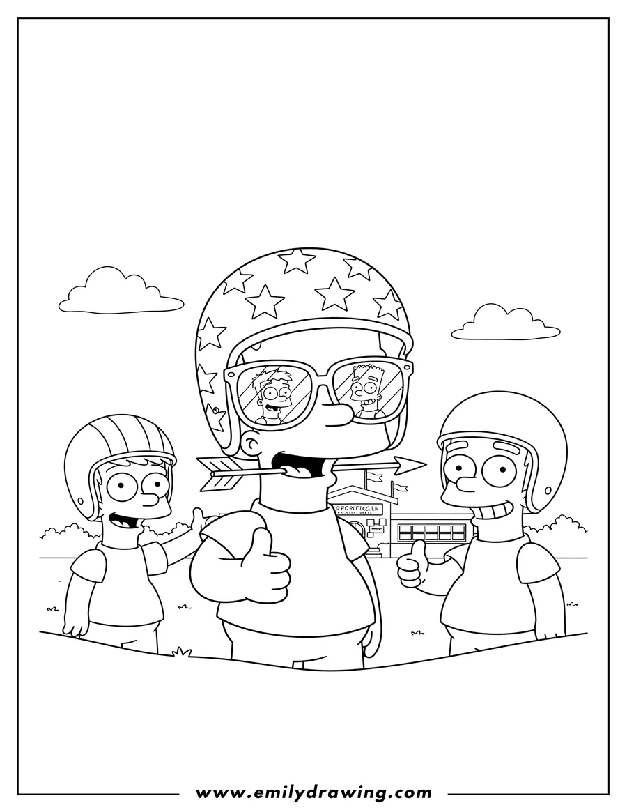 Simple sketch of bart Simpson With Friends Wearing Helmet Scaled, wearing a star helmet and sunglasses reflecting tiny figures, with an arrow in his mouth to color