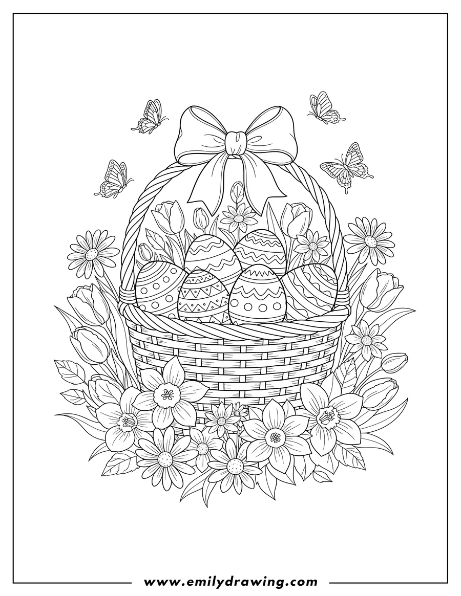 Printable line art of detailed Basket Filled With Easter Eggs Garden with a bow, surrounded by flowers and butterflies