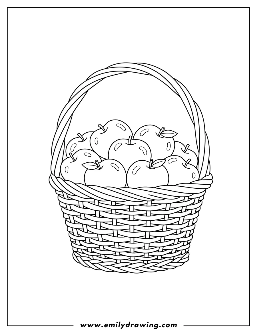 Doodle style coloring picture of A coloring page of a woven basket with a handle, full of Honeycrisp apples